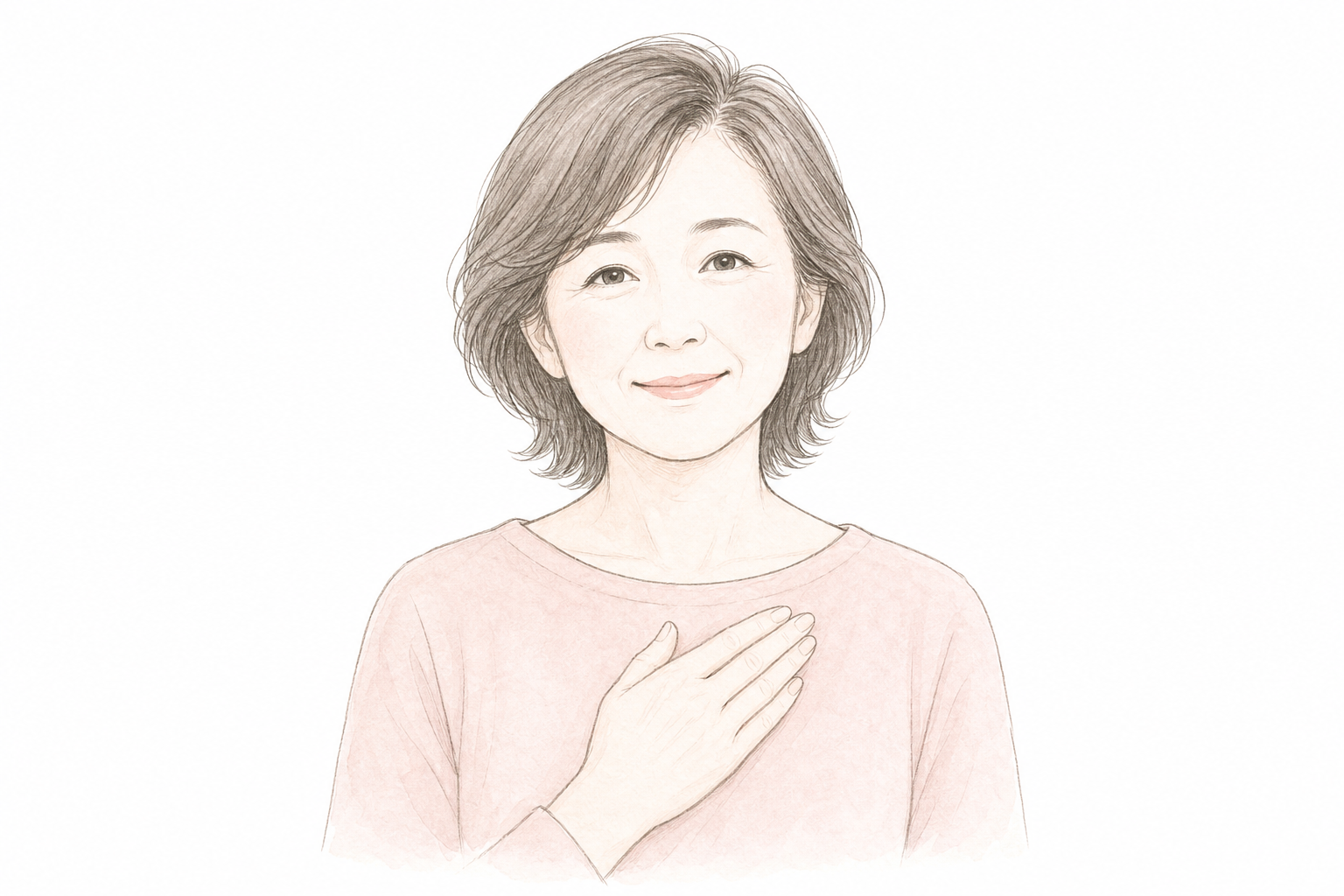 胸に手を置いて微笑む中年女性