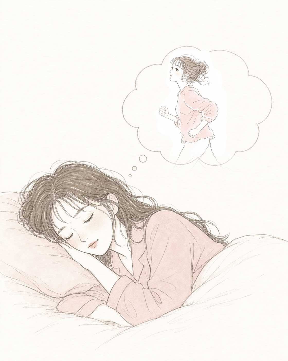 眠る女性が、走る人物の夢を見ている線画