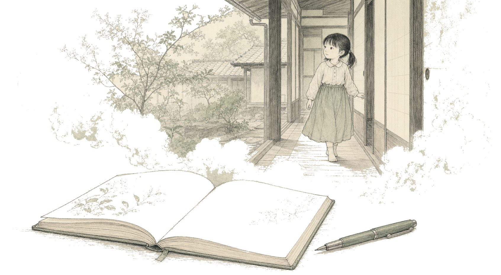 ノートと筆記具の向こうに、古い家を探検する幼い少女の夢の情景が浮かぶ線画