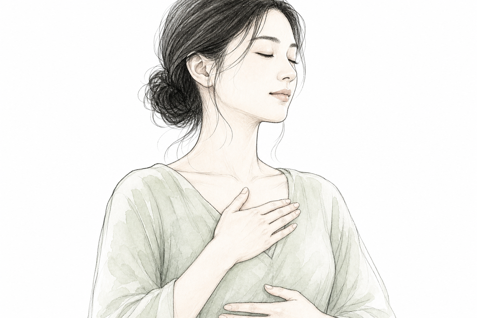 目を閉じ、胸と腹部に手を添えて呼吸を行う女性の線画