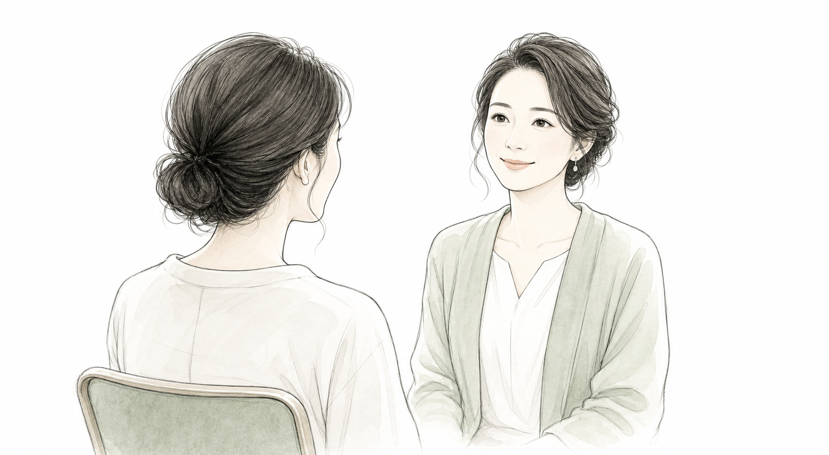 椅子に座る女性が、本当の自分を表す女性像と向き合う線画