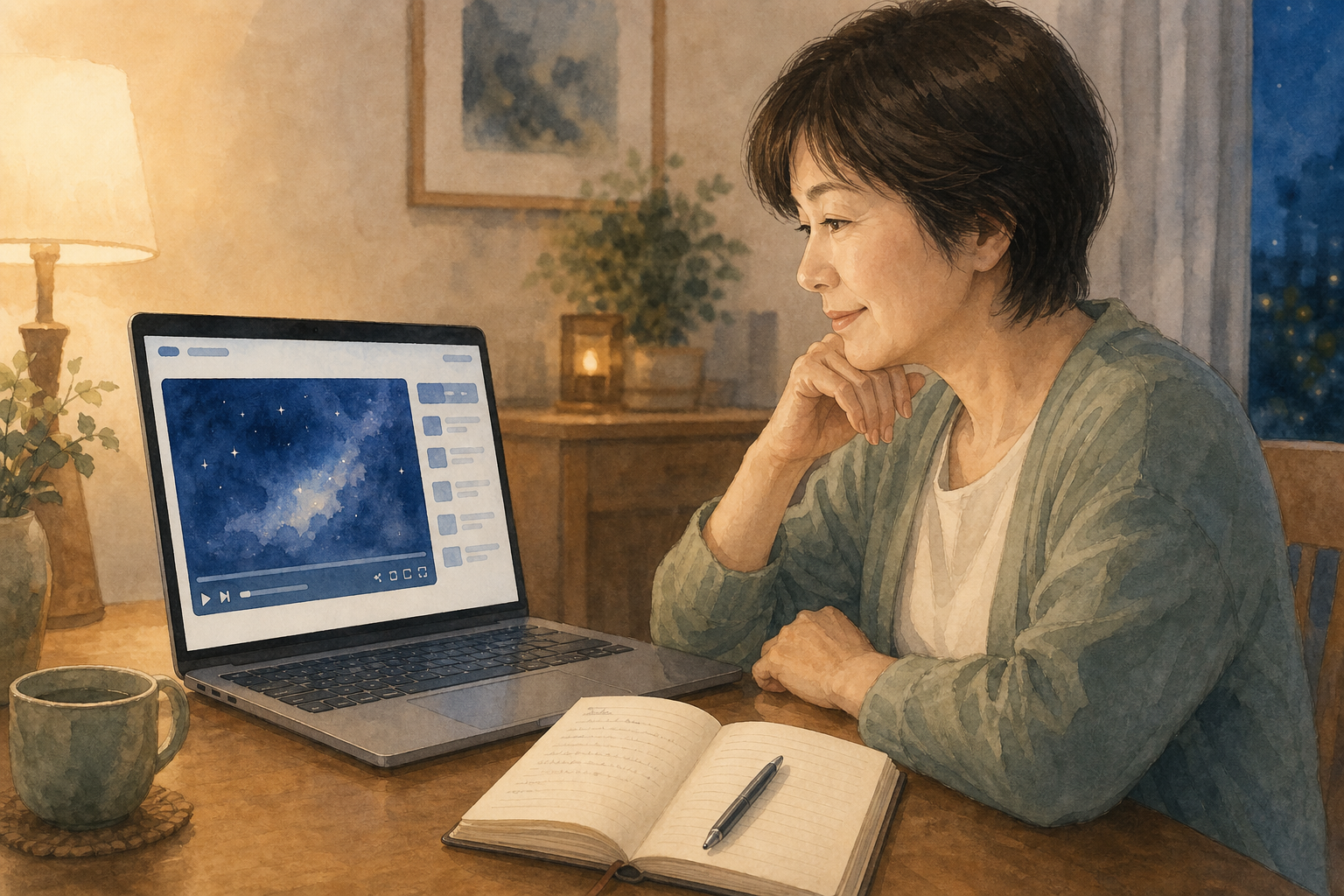 ノートPCで動画コースを視聴し、夢日記を開く女性