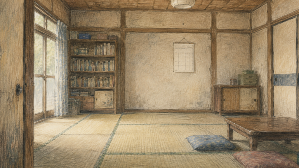 古い木造アパートの広い畳部屋。本棚とカレンダーがあり、淡い色鉛筆で描かれている